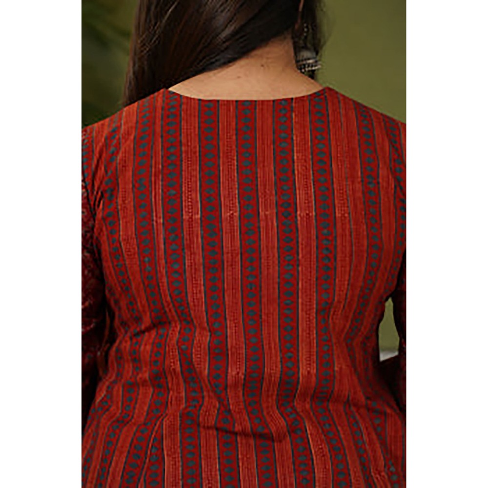 The Indian Ethnic Co. Ruchi Red Patchwork Kali Ajrakh Cotton Kurta