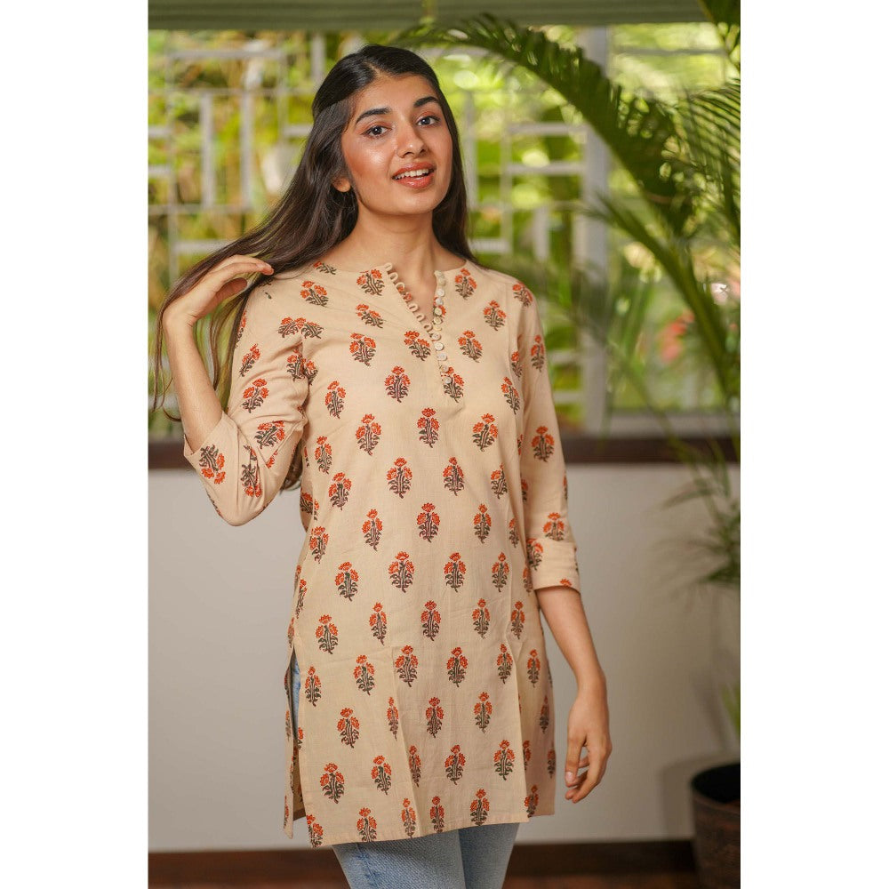The Indian Ethnic Co. Beige Bagru Short Kurti