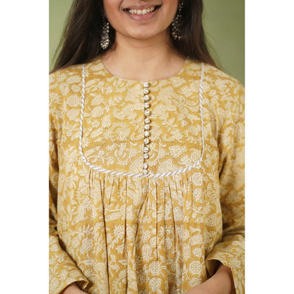 The Indian Ethnic Co. Ahaana Mustard Kalamkari Natural Dyed Chudi Sleeves Kurta