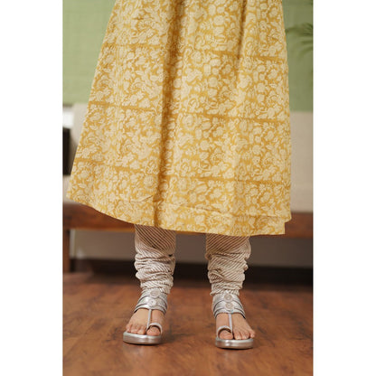 The Indian Ethnic Co. Ahaana Mustard Kalamkari Natural Dyed Chudi Sleeves Kurta