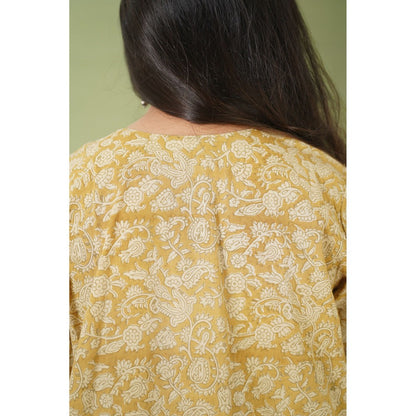 The Indian Ethnic Co. Ahaana Mustard Kalamkari Natural Dyed Chudi Sleeves Kurta