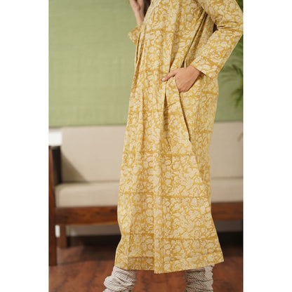 The Indian Ethnic Co. Ahaana Mustard Kalamkari Natural Dyed Chudi Sleeves Kurta