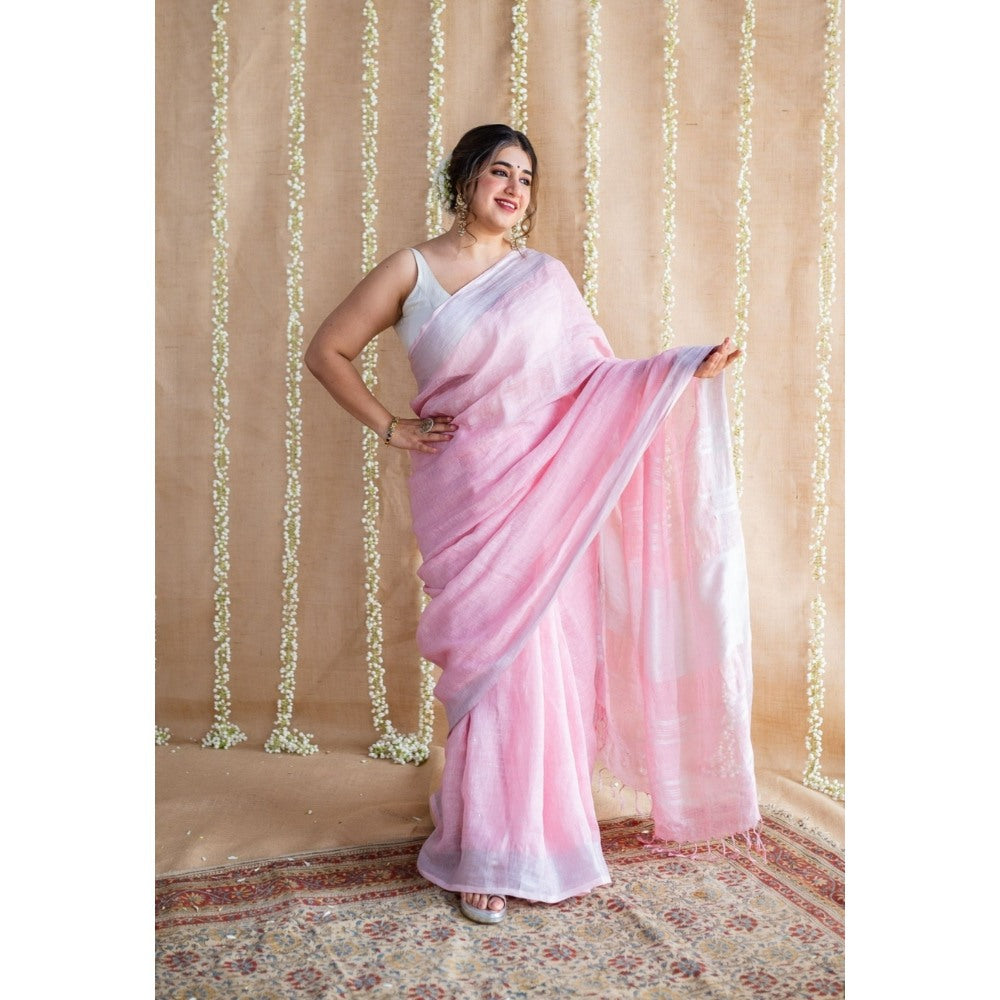 The Indian Ethnic Co. Pink Linen Silver Zari Border Saree & Unstitched Blouse with Mukaish Detailing