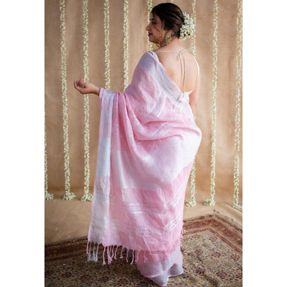 The Indian Ethnic Co. Pink Linen Silver Zari Border Saree & Unstitched Blouse with Mukaish Detailing