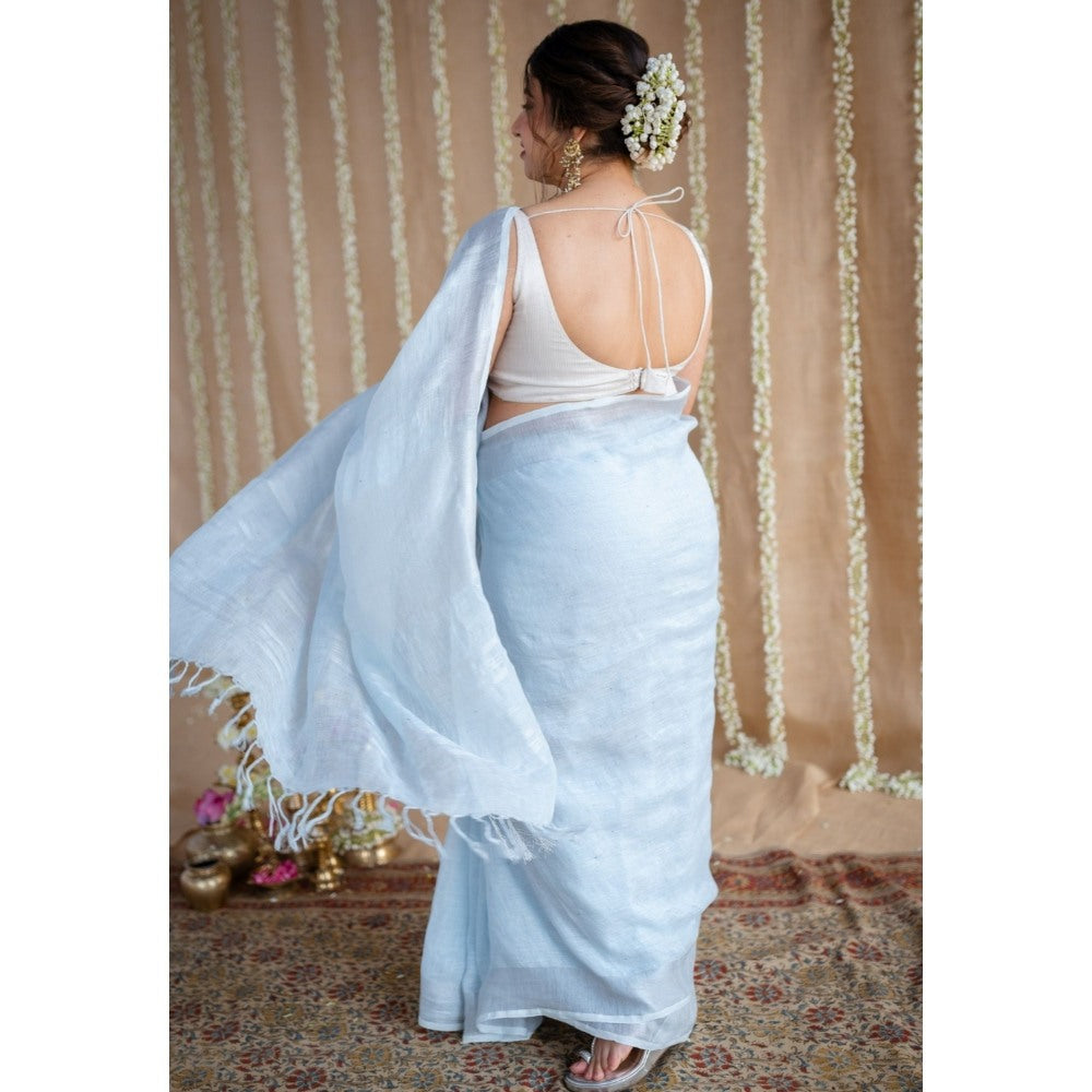 The Indian Ethnic Co. Blue Linen Silver Zari Border Saree & Unstitched Blouse with Mukaish Detailing