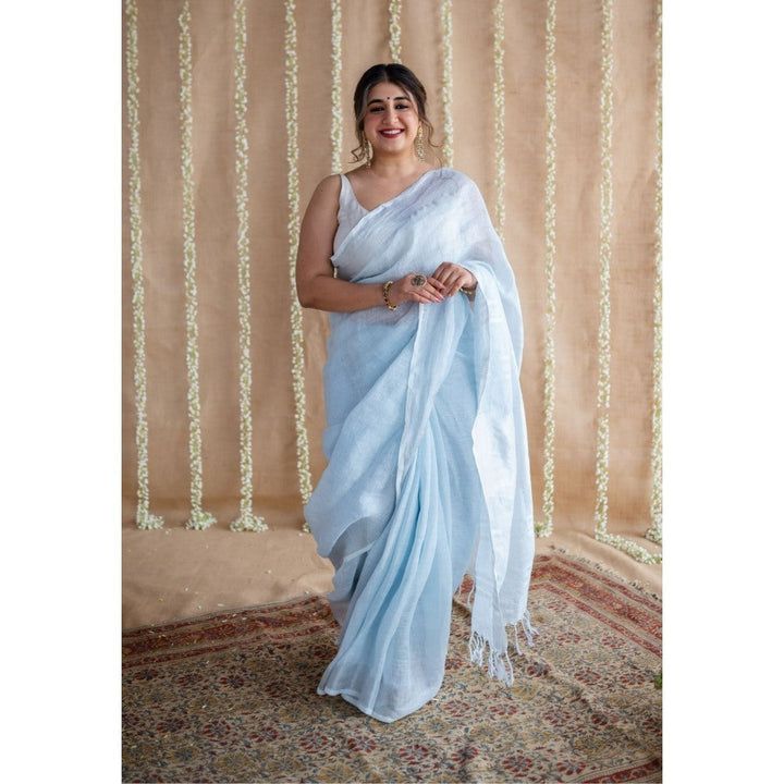 The Indian Ethnic Co. Blue Linen Silver Zari Border Saree & Unstitched Blouse with Mukaish Detailing