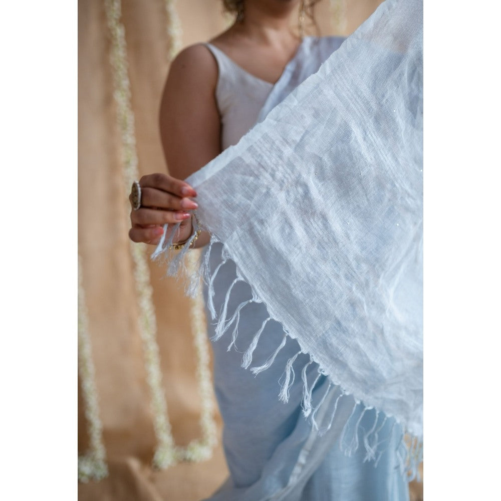 The Indian Ethnic Co. Blue Linen Silver Zari Border Saree & Unstitched Blouse with Mukaish Detailing