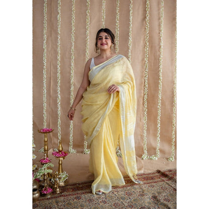 The Indian Ethnic Co. Yellow Silver Zari Border Saree & Unstitched with Mukaish Detailing