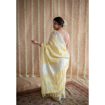 The Indian Ethnic Co. Yellow Silver Zari Border Saree & Unstitched with Mukaish Detailing