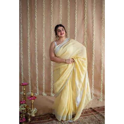 The Indian Ethnic Co. Yellow Silver Zari Border Saree & Unstitched with Mukaish Detailing