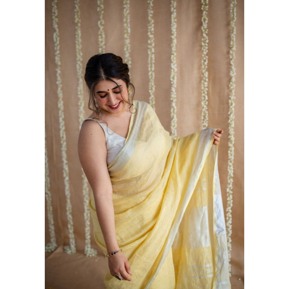 The Indian Ethnic Co. Yellow Silver Zari Border Saree & Unstitched with Mukaish Detailing
