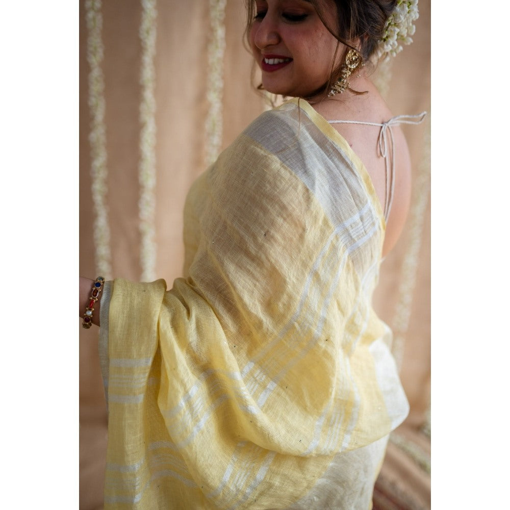 The Indian Ethnic Co. Yellow Silver Zari Border Saree & Unstitched with Mukaish Detailing