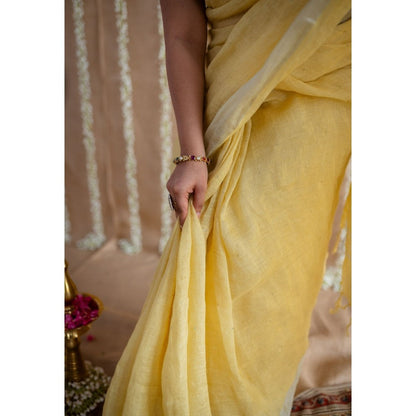 The Indian Ethnic Co. Yellow Silver Zari Border Saree & Unstitched with Mukaish Detailing