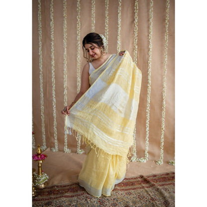 The Indian Ethnic Co. Yellow Silver Zari Border Saree & Unstitched with Mukaish Detailing