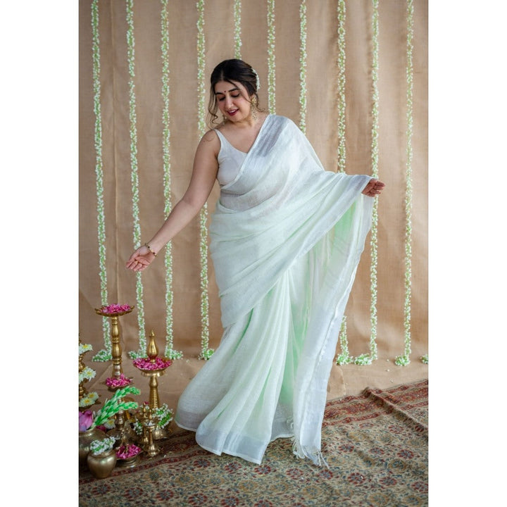 The Indian Ethnic Co. Green Silver Zari Border Saree & Unstitched with Mukaish Detailing