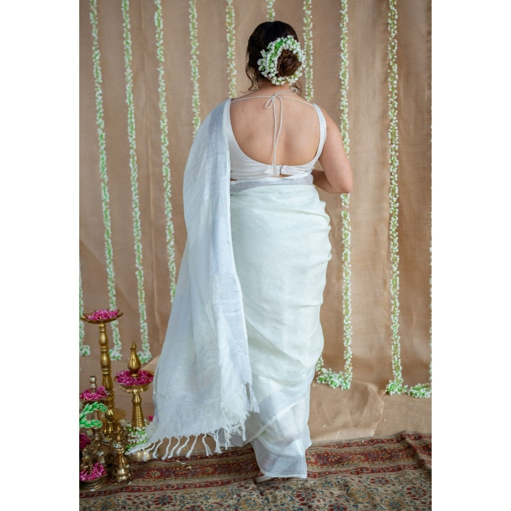 The Indian Ethnic Co. Green Silver Zari Border Saree & Unstitched with Mukaish Detailing