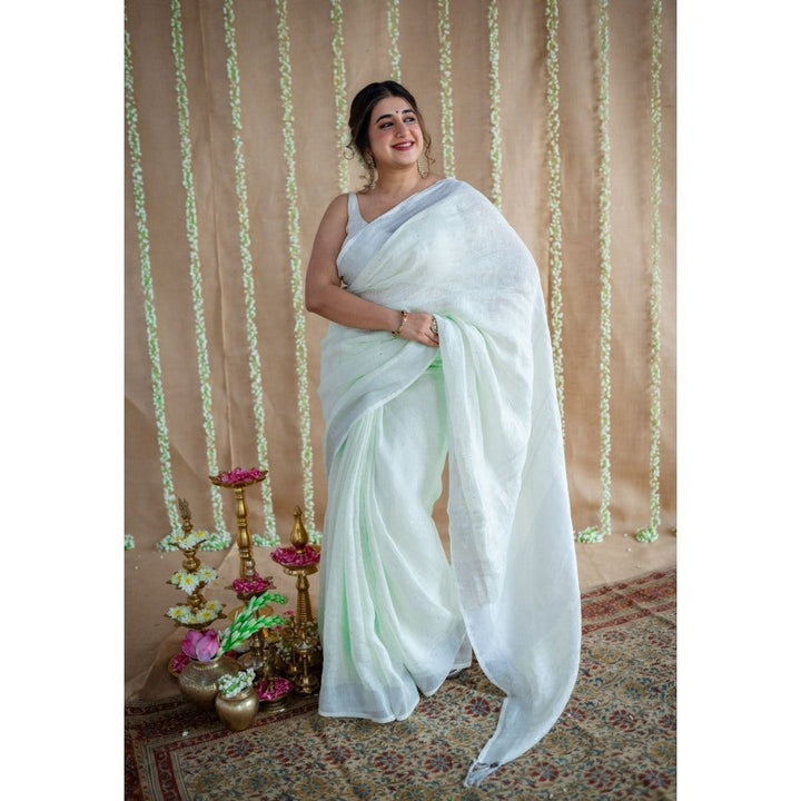 The Indian Ethnic Co. Green Silver Zari Border Saree & Unstitched with Mukaish Detailing