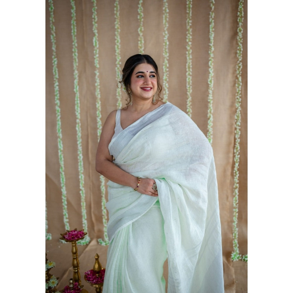 The Indian Ethnic Co. Green Silver Zari Border Saree & Unstitched with Mukaish Detailing