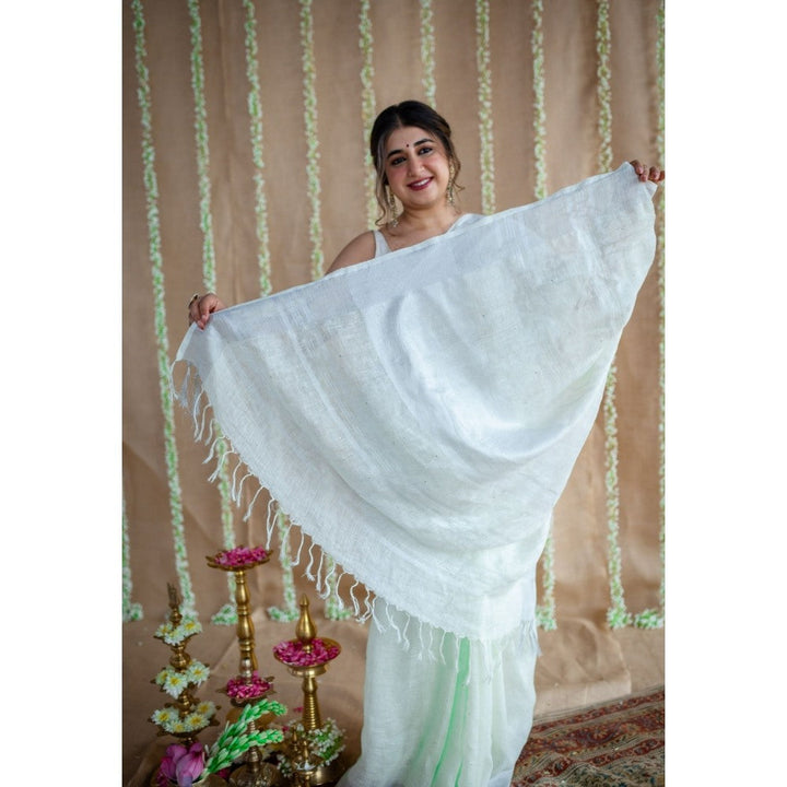 The Indian Ethnic Co. Green Silver Zari Border Saree & Unstitched with Mukaish Detailing