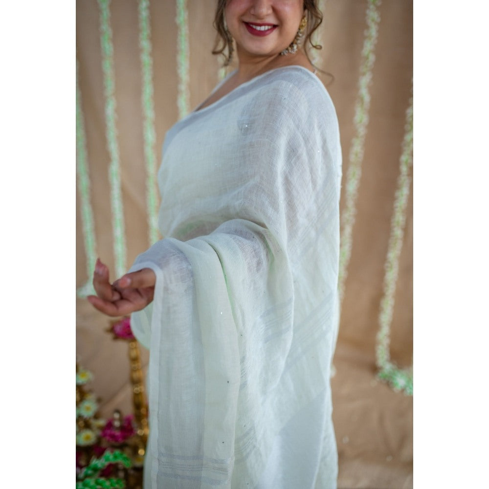 The Indian Ethnic Co. Green Silver Zari Border Saree & Unstitched with Mukaish Detailing