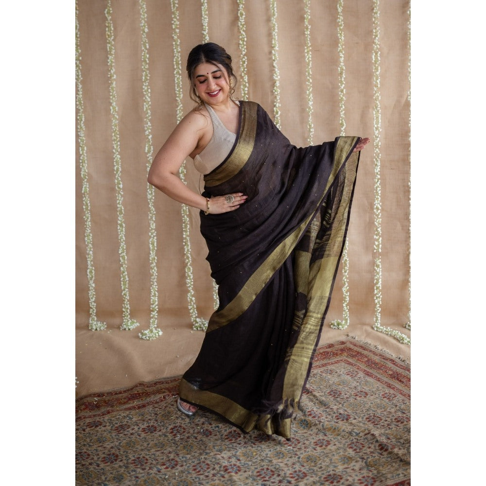 The Indian Ethnic Co. Black Golden Zari Border Saree & Unstitched with Mukaish Detailing