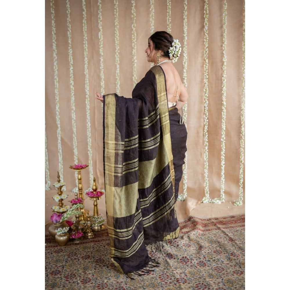 The Indian Ethnic Co. Black Golden Zari Border Saree & Unstitched with Mukaish Detailing