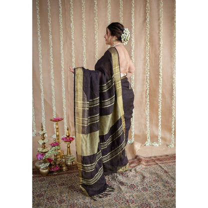 The Indian Ethnic Co. Black Golden Zari Border Saree & Unstitched with Mukaish Detailing