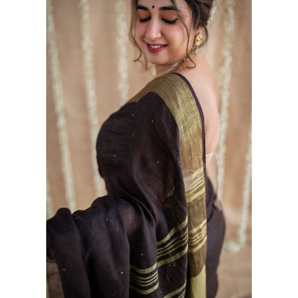 The Indian Ethnic Co. Black Golden Zari Border Saree & Unstitched with Mukaish Detailing