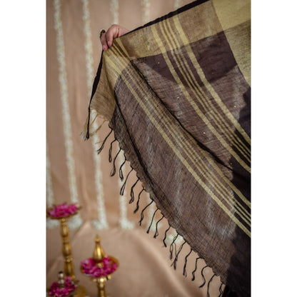 The Indian Ethnic Co. Black Golden Zari Border Saree & Unstitched with Mukaish Detailing