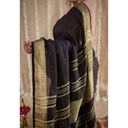 The Indian Ethnic Co. Black Golden Zari Border Saree & Unstitched with Mukaish Detailing