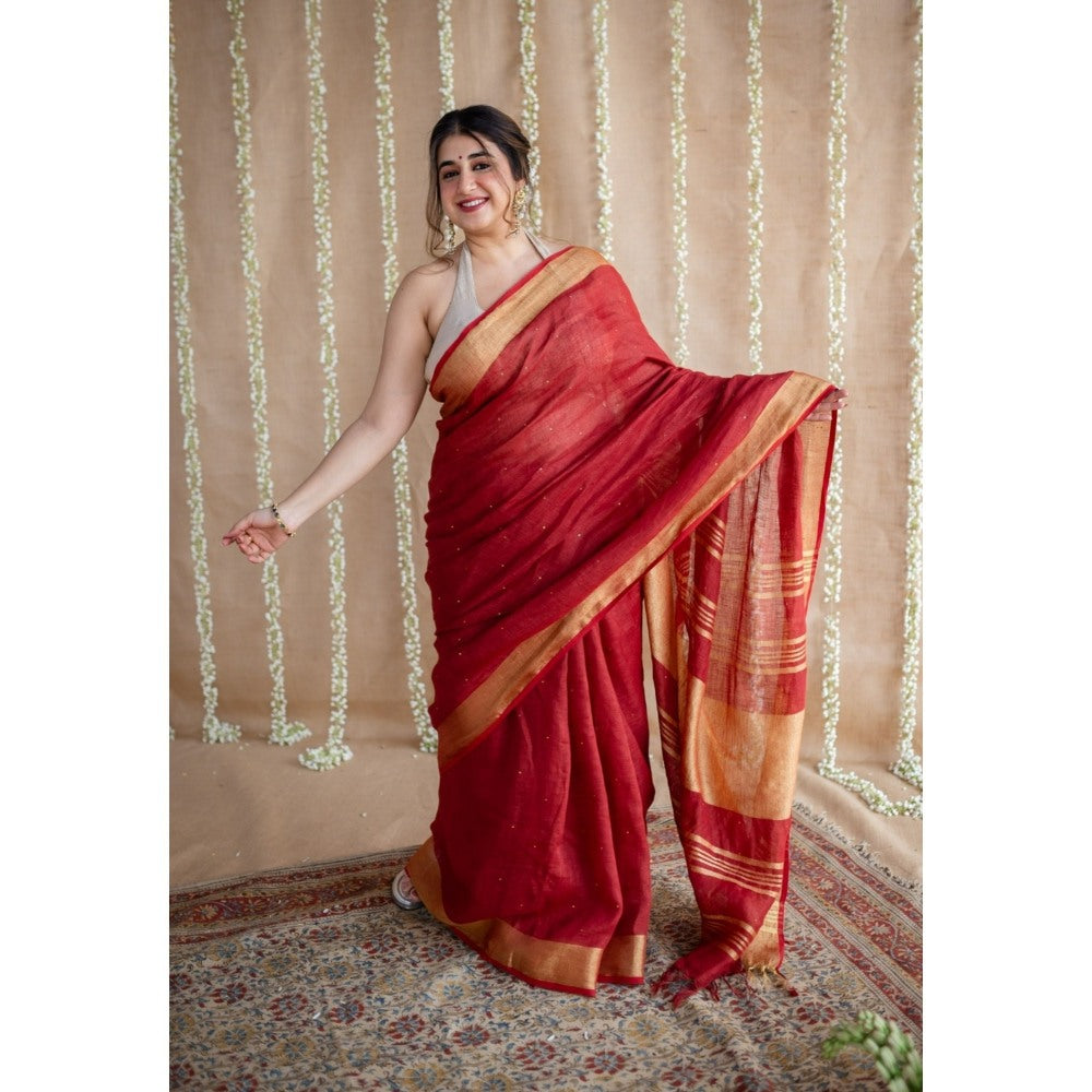 The Indian Ethnic Co. Maroon Golden Zari Border Saree & Unstitched with Mukaish Detailing