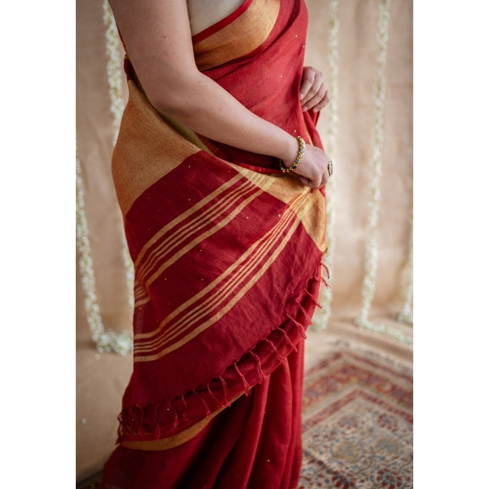 The Indian Ethnic Co. Maroon Golden Zari Border Saree & Unstitched with Mukaish Detailing