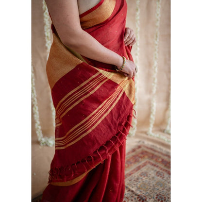 The Indian Ethnic Co. Maroon Golden Zari Border Saree & Unstitched with Mukaish Detailing