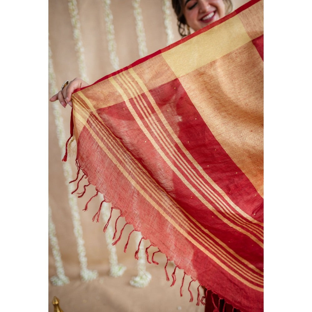 The Indian Ethnic Co. Maroon Golden Zari Border Saree & Unstitched with Mukaish Detailing