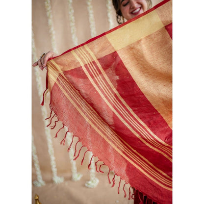 The Indian Ethnic Co. Maroon Golden Zari Border Saree & Unstitched with Mukaish Detailing