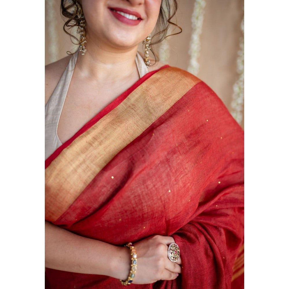 The Indian Ethnic Co. Maroon Golden Zari Border Saree & Unstitched with Mukaish Detailing