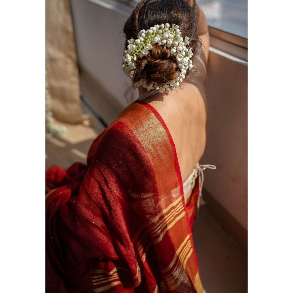 The Indian Ethnic Co. Maroon Golden Zari Border Saree & Unstitched with Mukaish Detailing