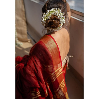 The Indian Ethnic Co. Maroon Golden Zari Border Saree & Unstitched with Mukaish Detailing