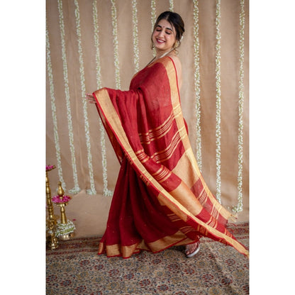 The Indian Ethnic Co. Maroon Golden Zari Border Saree & Unstitched with Mukaish Detailing