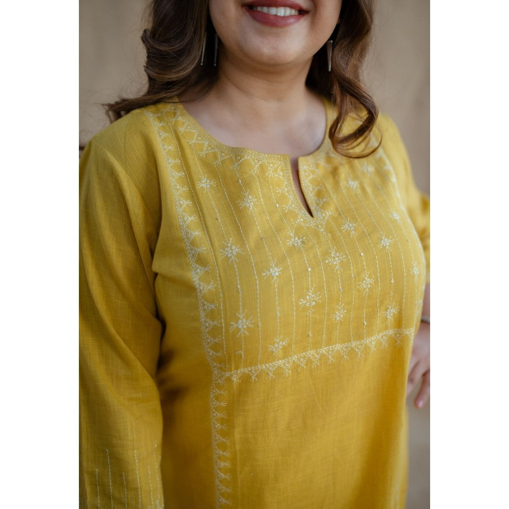 The Indian Ethnic Co. Drishya Slub Cotton Hand Embroidered Kurta