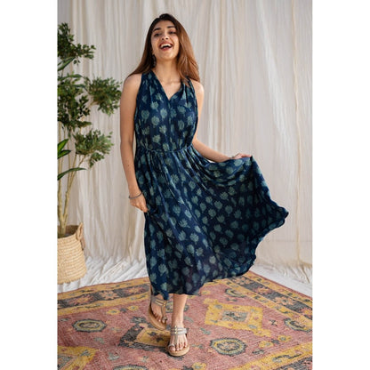 The Indian Ethnic Co. Teal Green Modal Dabu Dress
