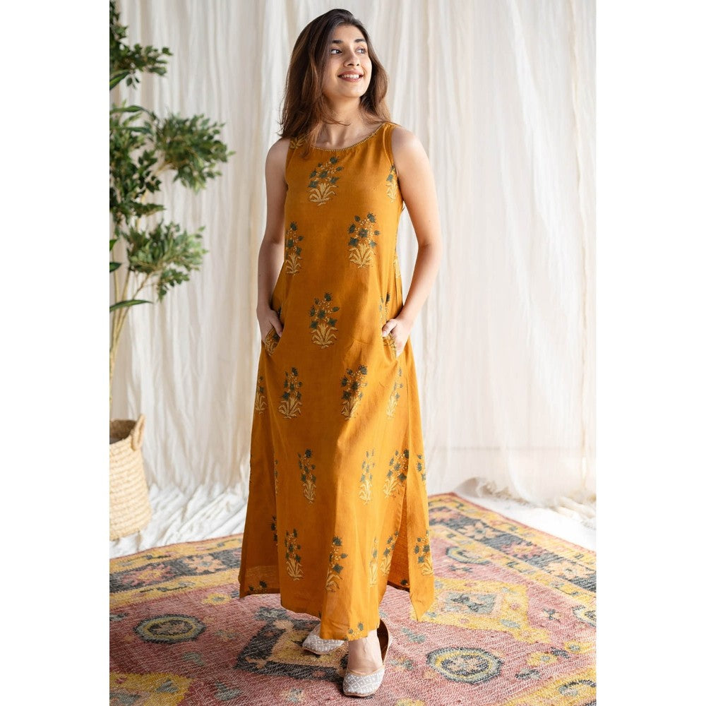 The Indian Ethnic Co. Mustard Ajrakh Cotton Dress