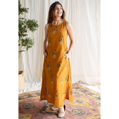 The Indian Ethnic Co. Mustard Ajrakh Cotton Dress