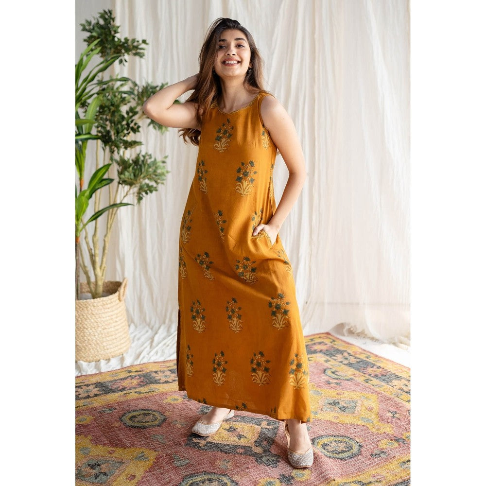 The Indian Ethnic Co. Mustard Ajrakh Cotton Dress