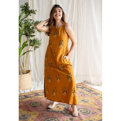The Indian Ethnic Co. Mustard Ajrakh Cotton Dress