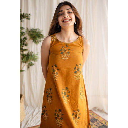 The Indian Ethnic Co. Mustard Ajrakh Cotton Dress