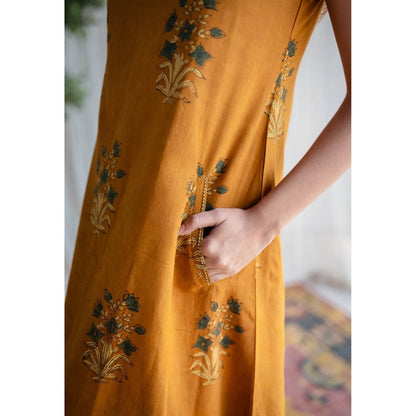 The Indian Ethnic Co. Mustard Ajrakh Cotton Dress