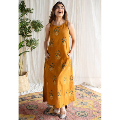 The Indian Ethnic Co. Mustard Ajrakh Cotton Dress