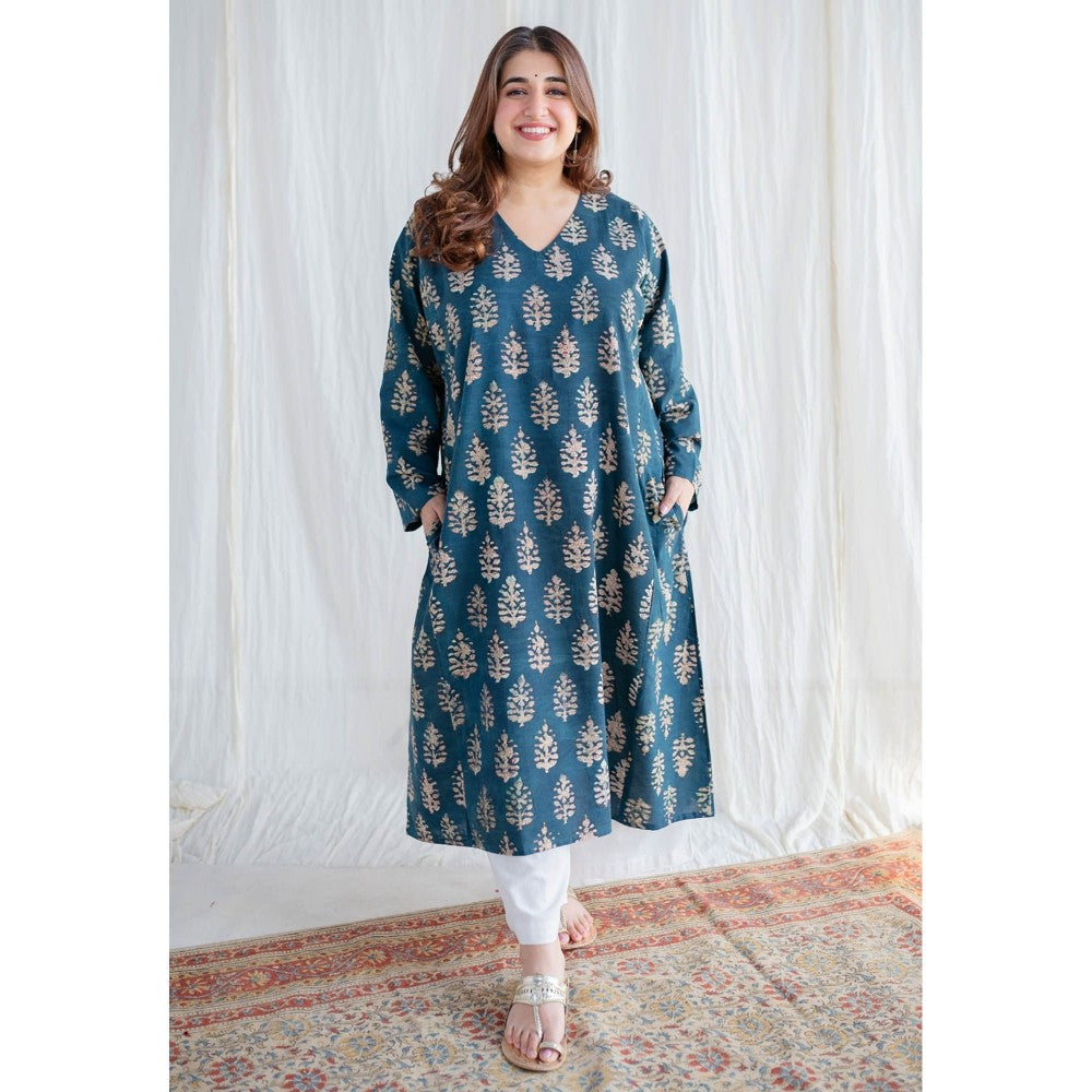 The Indian Ethnic Co. Indigo Bagru Cotton Jhabba Kali Kurta