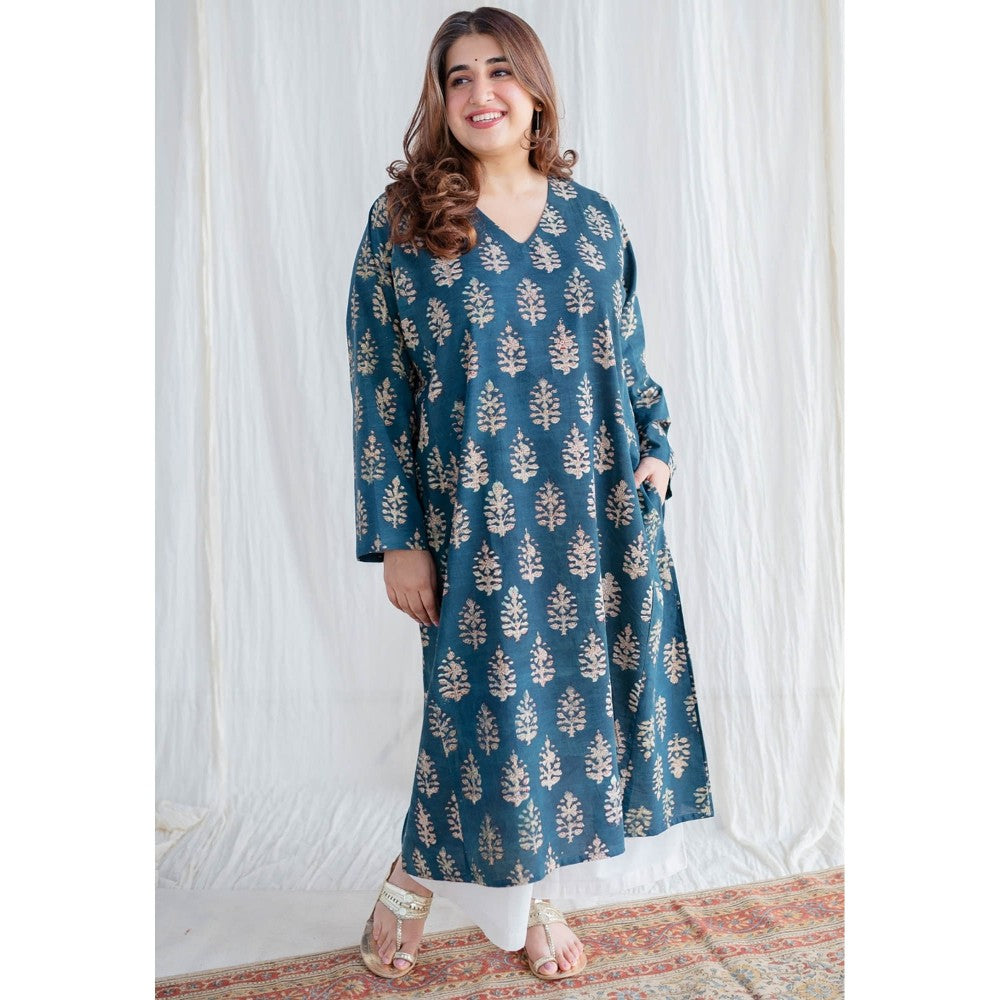 The Indian Ethnic Co. Indigo Bagru Cotton Jhabba Kali Kurta